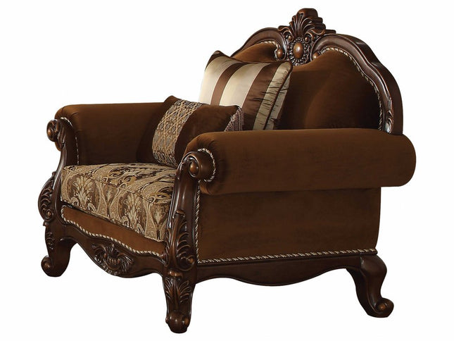 37" Brown Velvet Floral Club Chair And Toss Pillows