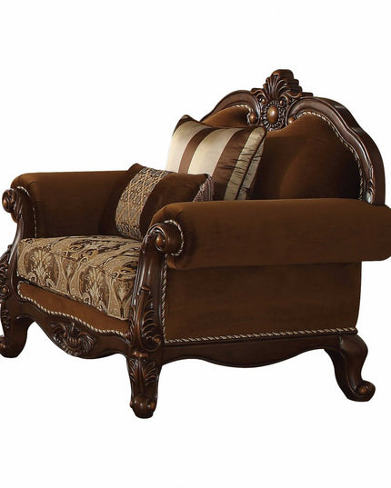 37" Brown Velvet Floral Club Chair And Toss Pillows