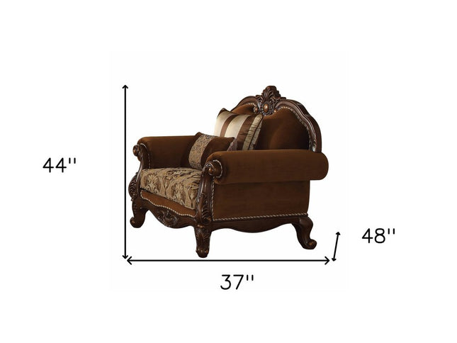 37" Brown Velvet Floral Club Chair And Toss Pillows