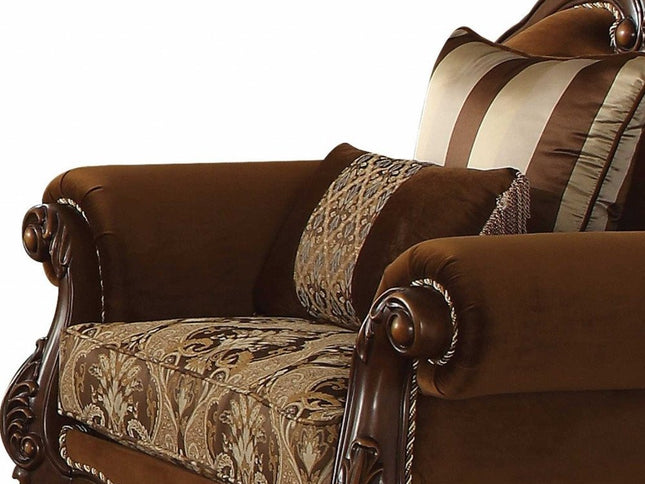 37" Brown Velvet Floral Club Chair And Toss Pillows