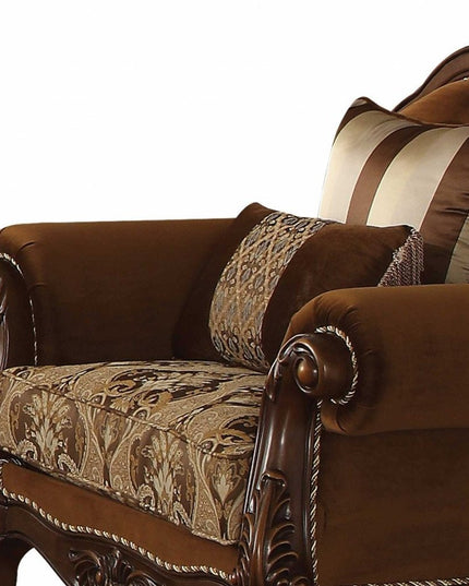 37" Brown Velvet Floral Club Chair And Toss Pillows