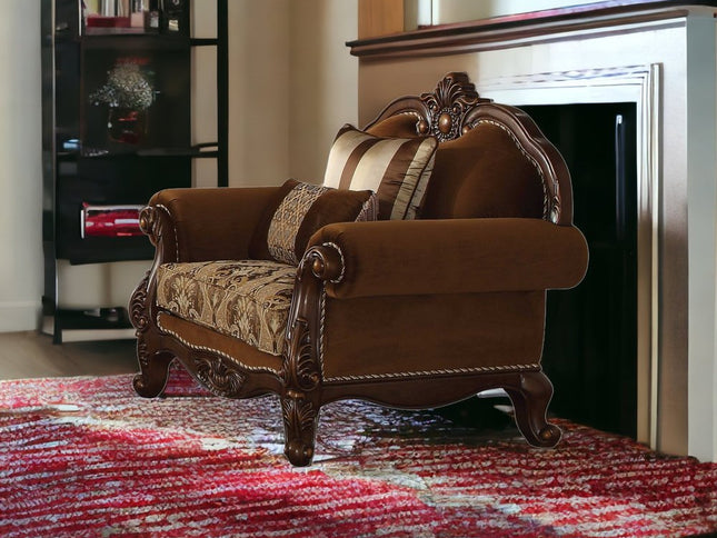 37" Brown Velvet Floral Club Chair And Toss Pillows