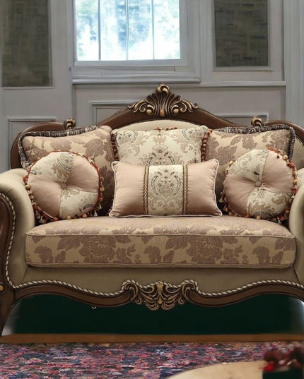 69" Beige and Gold And Brown Velvet Paisley Loveseat and Toss Pillows