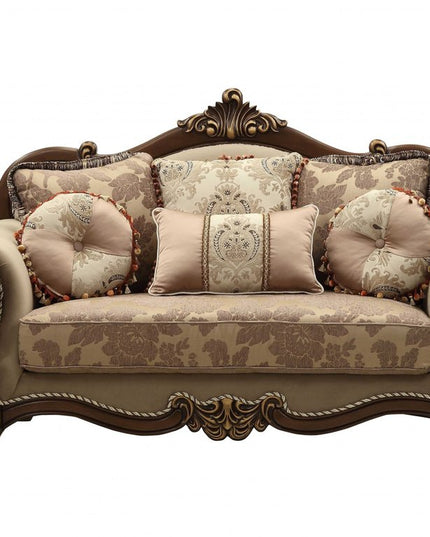 69" Beige and Gold And Brown Velvet Paisley Loveseat and Toss Pillows