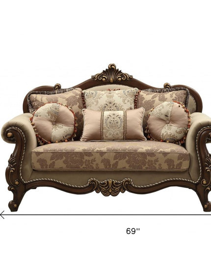 69" Beige and Gold And Brown Velvet Paisley Loveseat and Toss Pillows