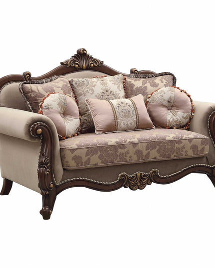 69" Beige and Gold And Brown Velvet Paisley Loveseat and Toss Pillows