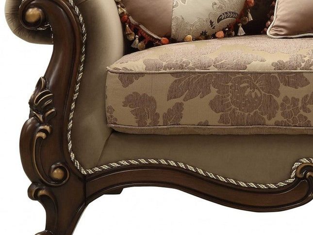 69" Beige and Gold And Brown Velvet Paisley Loveseat and Toss Pillows