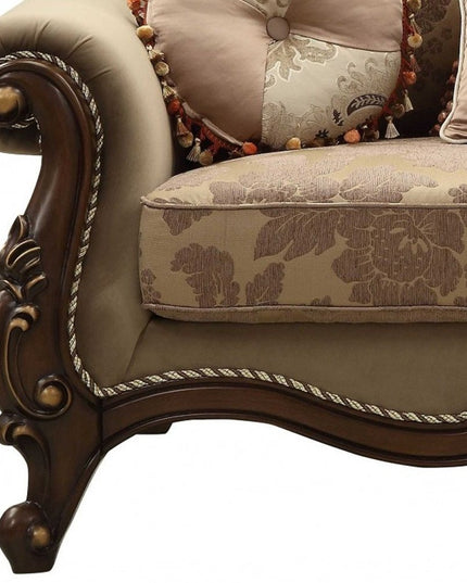 69" Beige and Gold And Brown Velvet Paisley Loveseat and Toss Pillows