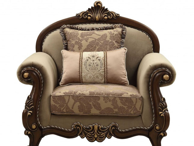 38" Beige and Brown Velvet Floral Arm Chair And Toss Pillows