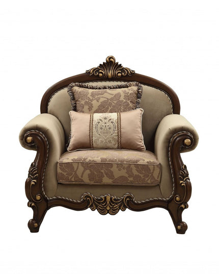 38" Beige and Brown Velvet Floral Arm Chair And Toss Pillows