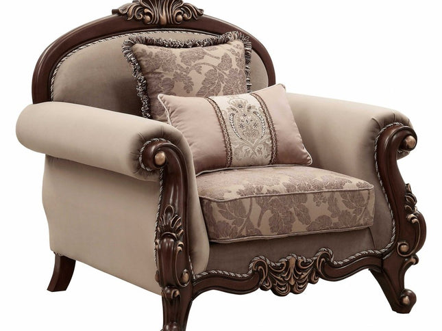 38" Beige and Brown Velvet Floral Arm Chair And Toss Pillows