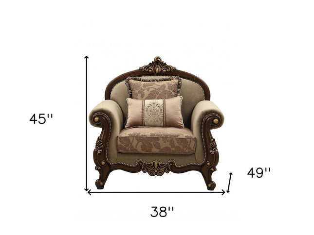 38" Beige and Brown Velvet Floral Arm Chair And Toss Pillows