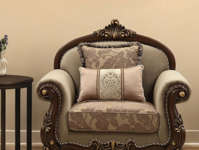 38" Beige and Brown Velvet Floral Arm Chair And Toss Pillows