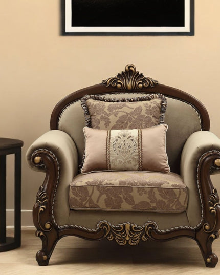38" Beige and Brown Velvet Floral Arm Chair And Toss Pillows