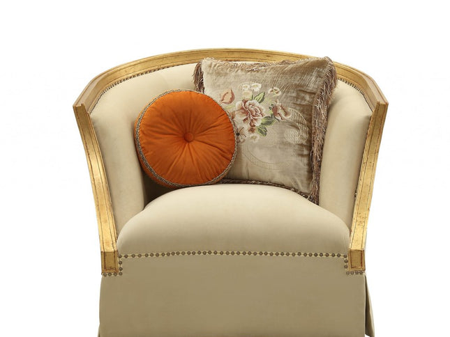 41" Tan and Gold Distressed Club Chair And Toss Pillows