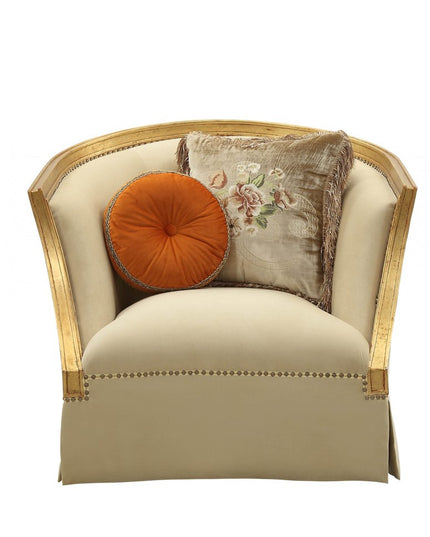 41" Tan and Gold Distressed Club Chair And Toss Pillows