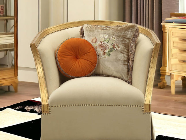 41" Tan and Gold Distressed Club Chair And Toss Pillows