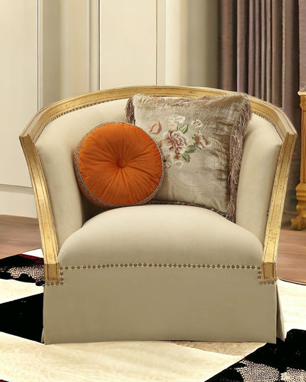 41" Tan and Gold Distressed Club Chair And Toss Pillows
