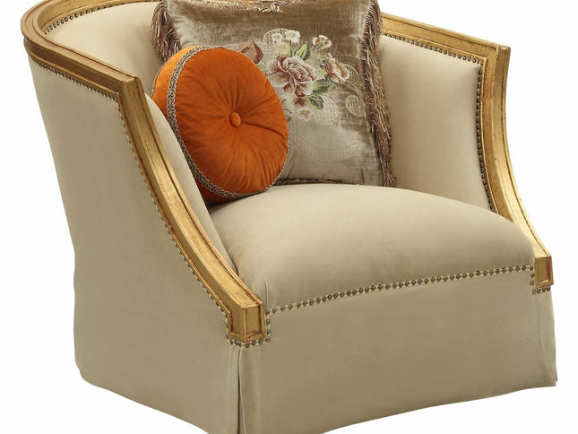 41" Tan and Gold Distressed Club Chair And Toss Pillows