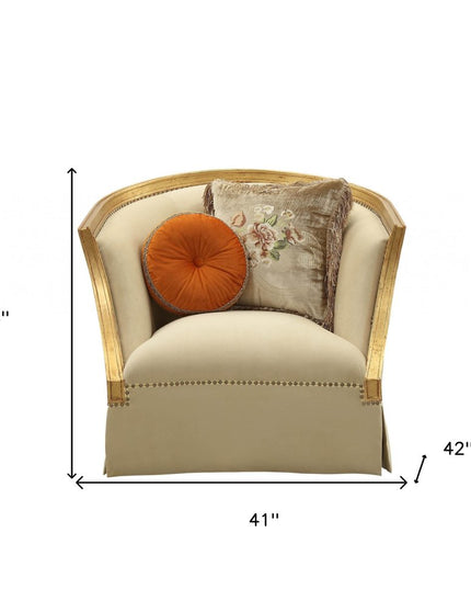 41" Tan and Gold Distressed Club Chair And Toss Pillows