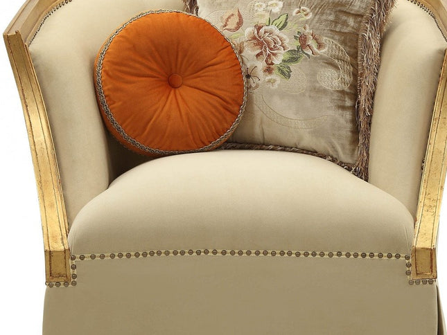 41" Tan and Gold Distressed Club Chair And Toss Pillows