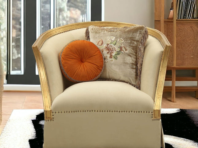 41" Tan and Gold Distressed Club Chair And Toss Pillows