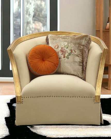 41" Tan and Gold Distressed Club Chair And Toss Pillows