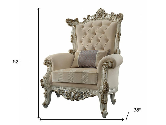 38" Pearl Fabric Striped Tufted Chesterfield Chair And Toss Pillow