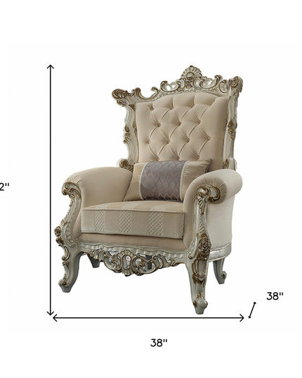 38" Pearl Fabric Striped Tufted Chesterfield Chair And Toss Pillow