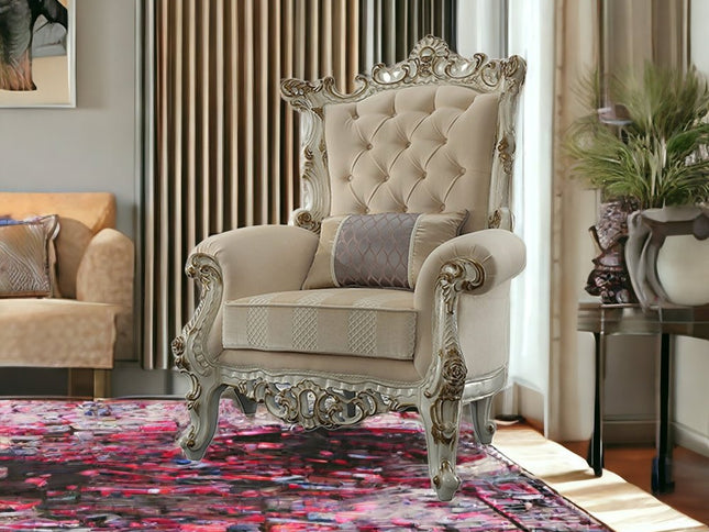 38" Pearl Fabric Striped Tufted Chesterfield Chair And Toss Pillow