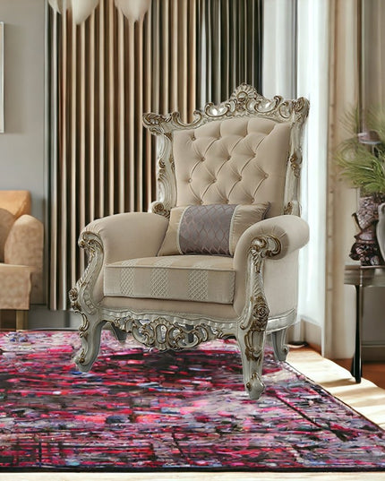 38" Pearl Fabric Striped Tufted Chesterfield Chair And Toss Pillow