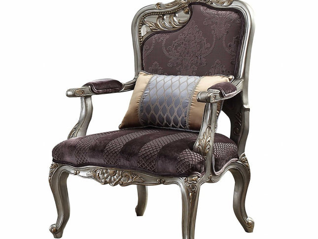 29" Purple and Platinum Velvet Floral Arm Chair And Toss Pillow