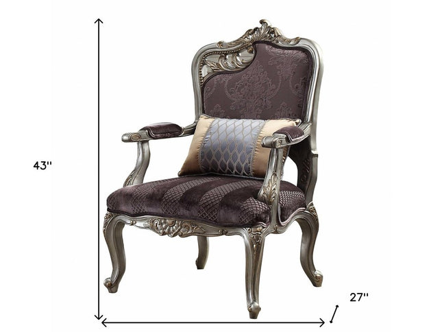 29" Purple and Platinum Velvet Floral Arm Chair And Toss Pillow