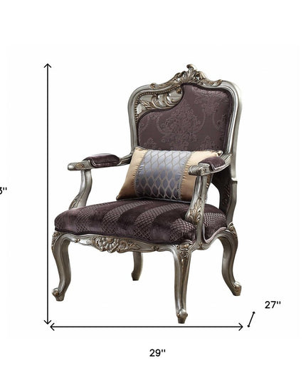 29" Purple and Platinum Velvet Floral Arm Chair And Toss Pillow