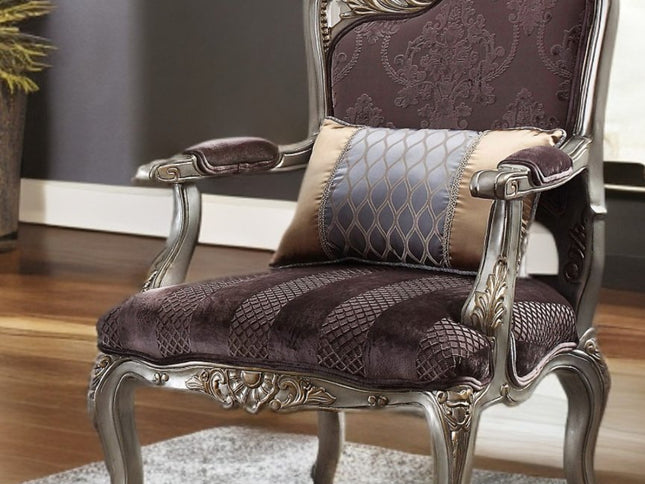 29" Purple and Platinum Velvet Floral Arm Chair And Toss Pillow