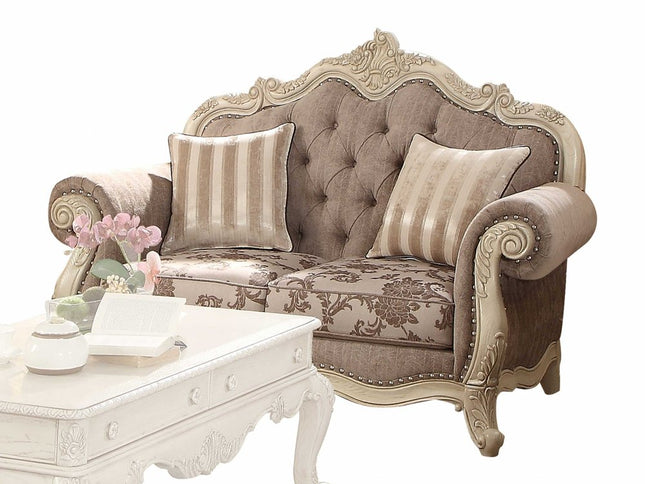 69" Gray And Off White Damask Chesterfield Loveseat and Toss Pillows