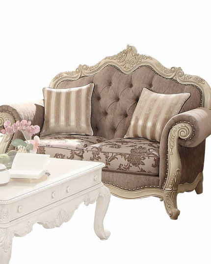 69" Gray And Off White Damask Chesterfield Loveseat and Toss Pillows