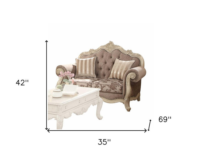 69" Gray And Off White Damask Chesterfield Loveseat and Toss Pillows