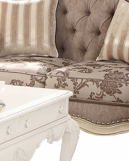 69" Gray And Off White Damask Chesterfield Loveseat and Toss Pillows