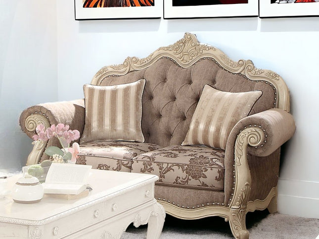 69" Gray And Off White Damask Chesterfield Loveseat and Toss Pillows