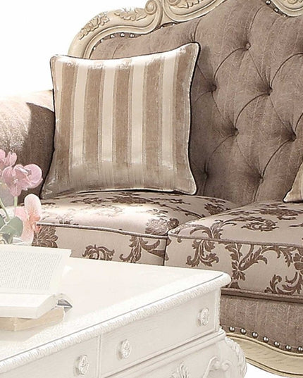 69" Gray And Off White Damask Chesterfield Loveseat and Toss Pillows