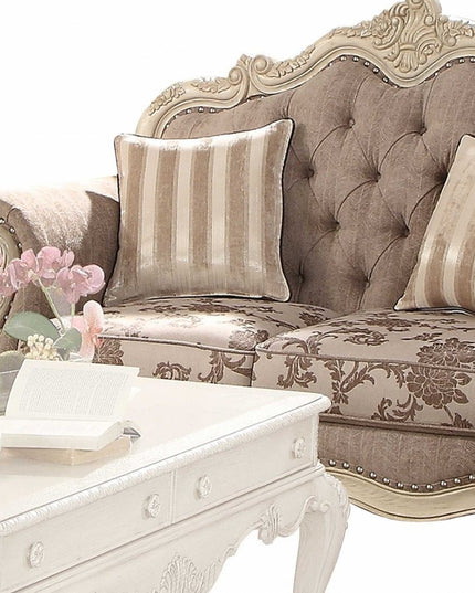 69" Gray And Off White Damask Chesterfield Loveseat and Toss Pillows