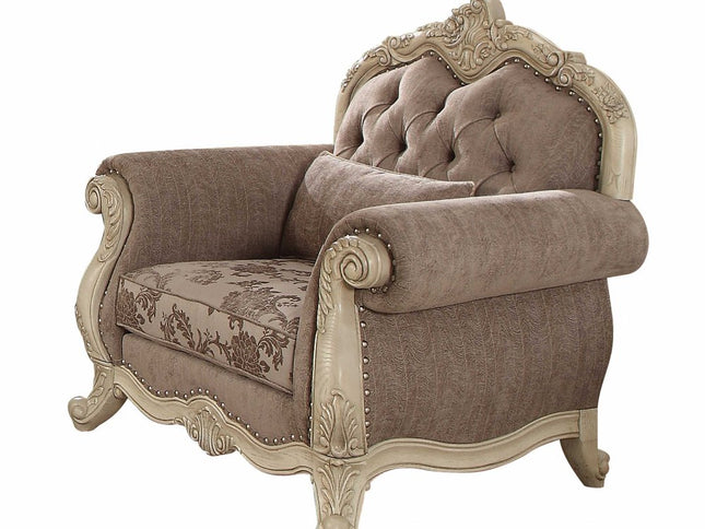 35" Gray and Antiqued White Fabric Floral Tufted Chesterfield Chair And Toss Pillow