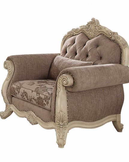 35" Gray and Antiqued White Fabric Floral Tufted Chesterfield Chair And Toss Pillow