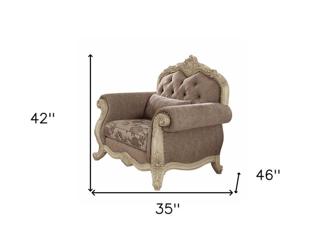 35" Gray and Antiqued White Fabric Floral Tufted Chesterfield Chair And Toss Pillow