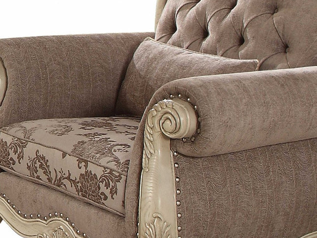 35" Gray and Antiqued White Fabric Floral Tufted Chesterfield Chair And Toss Pillow