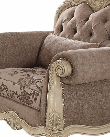 35" Gray and Antiqued White Fabric Floral Tufted Chesterfield Chair And Toss Pillow