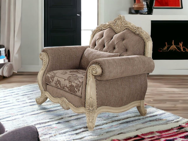 35" Gray and Antiqued White Fabric Floral Tufted Chesterfield Chair And Toss Pillow