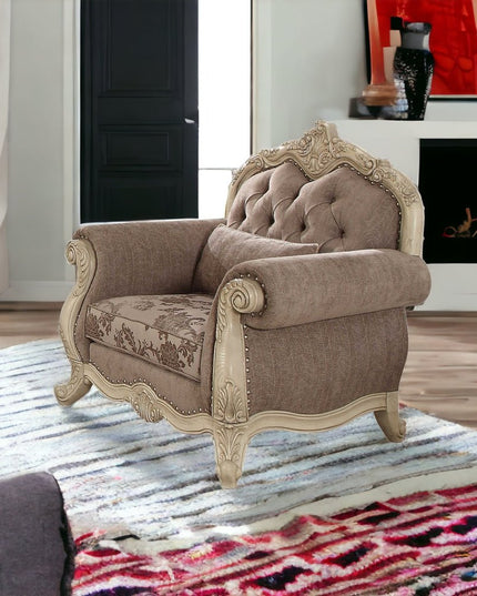 35" Gray and Antiqued White Fabric Floral Tufted Chesterfield Chair And Toss Pillow