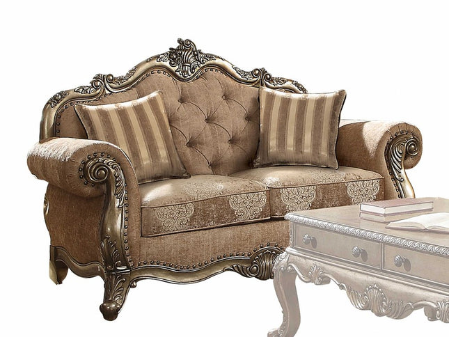 69" Gray And Off White Damask Chesterfield Loveseat and Toss Pillows
